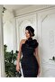 Women's Black Imported Crepe Fabric Rose Detail Lined Design Dress