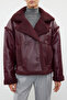 Bordo Peluş Detaylı Suni Deri Biker Ceket Mont TWOAW25MO00066 - 11