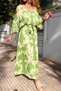 Women's Green Elastic Waist Belted Off-Shoulder Long Dress Bst-3628Green