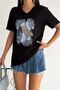 Woman's Black V-Neck Large Size Feather Sequined 100% Cotton Large Size T-Shirt