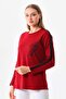 Women's Patterned Crew Neck Long Sleeve Blouse 22689 Claret Red