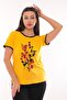 Women's Crew Neck Patterned Short Sleeve Blouse 3087 Yellow - 2