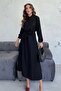 Women's Black Crew Neck Buttoned Waist Tie Modest Dress - 2
