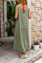 Women's Khaki Muslin V-Neck Front Slit Long Loose Dress Bst3419 - 3