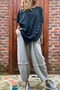 Women's Gray Elastic Waist Linen Look Washed Pocket Loose Baggy Trousers RSD1230 - 3