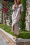 Women's Stone Linen Hooded Long Dress with Side Slits and Printed Back Bst3225 - 4