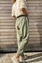 Women's Khaki Elastic Waist Washed Linen Look Filthy Stitching Detailed Loose Baggy Trousers RSD1196 - 4