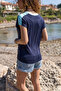 Women's Navy Blue Color Block Garnished Shoulder T-shirt Bst3229 - 2