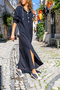 Women's Black Linen Hooded Side Slit Back Printed Long Dress Bst3225 - 2