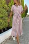 Women's Claret Red Linen Self-Belt Pocketed Short Sleeve Shirt Dress Bst3434 - 3