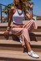 Women's Brick Linen Casual Capri Trousers with Elastic Waist, Pockets and Slits on the Leg Bst3404