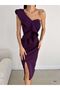 Single Shoulder Black Scuba Fabric Midi Dress with Flywheel and Slit Detail - 3