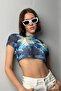 بلوزة تول منقوشة باللون الأزرق 23S15022 - 3