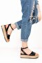 Women's Black Genuine Leather Straw Wedge Sandals