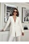 Women's White Atlas Fabric Pearl Embroidery Necklace Included Jacket-Pants Bottom-Top Set