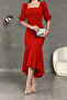 Red Square Neck Short Princess Sleeve Crepe Fabric Long Dress - 2
