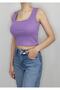 Women's Lilac Corded U-Neck Sleeveless Crop T-Shirt - 3