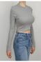 Women's Gray Corded Stand Collar Long Sleeve Crop T-Shirt - 3