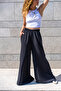 Women's Black Elastic Waist Pocket Wide Leg Soft Textured Loose Trousers Bst3391