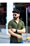 Khaki Embroidery Collar Lycra Slim Fit Short Sleeve Shirt