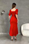 Red Square Neck Short Princess Sleeve Crepe Fabric Long Dress - 3