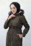 Khaki Hijab Coat 347 - Beige, Star Detail and Drawstring, Fur Inside - 4