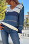 Women's Indigo-navy blue V-Neck Color Block Loose Sweater Cck1705