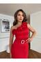 Women's Red Imported Scuba Crepe Fabric Lined Dress with Belt Included Design - 5