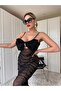 Women's Black Dress with Polka Tulle Tulle Fabric Overlay, Stone Embellished Straps, and Ribbon Detail. - 7