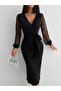 V-Neck Long Sleeve Polka Dot Midi Crepe Dress - Belted Waist - 5