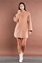 Snap Fastener Side Slit Bat Sleeve Camel Stamp Coat - 3