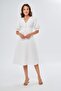 White Atlas Fabric V-Neck Balloon Sleeve Bell Cut Midi Dress with Button Accessories 153 - 4