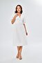 White Atlas Fabric V-Neck Balloon Sleeve Bell Cut Midi Dress with Button Accessories 153