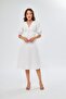 White Atlas Fabric V-Neck Balloon Sleeve Bell Cut Midi Dress with Button Accessories 153 - 7