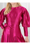 Balloon Sleeve Pleated Skirt Detailed Muslim Dress-Satin Fabric - 5