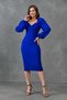 Women's Crepe Fabric, Double Breasted Neck, Low-cut, Balloon Sleeve and Slit Detailed Blue Midi Dress 581915 - 7