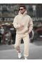 Men's Beige 3 Thread High Waist Jogger Hooded Kangaroo Pocket Oversize Tracksuit Set