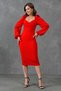 Red Crepe Fabric Double Breasted Neckline Low-cut Balloon Sleeve and Slit Detailed Midi Dress 581915 - 8