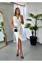 Women's White Imported Scuba Fabric Lined Fringed Beading Embroidered Rose Detailed Slit Designer Dress - 2