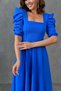 Women's design crepe fabric square collar short sleeve midi length blue evening dress dress 080 - 2