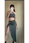 Khaki Colored Long Side Low-cut Skirt and Top