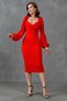 Red Crepe Fabric Double Breasted Neckline Low-cut Balloon Sleeve and Slit Detailed Midi Dress 581915 - 7