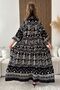 Women's Black and White Buttoned Collar Ethnic Patterned Balloon Sleeve Long Dress - 3
