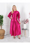 Balloon Sleeve Pleated Skirt Detailed Muslim Dress-Satin Fabric - 6