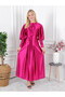 Balloon Sleeve Pleated Skirt Detailed Muslim Dress-Satin Fabric