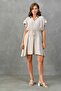 Belted, button-down, shirt collar, flared cut, stone color summer dress 6010 - 4