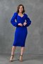 Women's Crepe Fabric, Double Breasted Neck, Low-cut, Balloon Sleeve and Slit Detailed Blue Midi Dress 581915 - 4