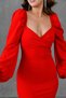 Red Crepe Fabric Double Breasted Neckline Low-cut Balloon Sleeve and Slit Detailed Midi Dress 581915 - 2