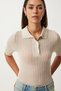 Women's Biscuit Polo Neck Lightweight See-Through Knitwear Blouse Fn03211