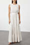 Beige Belted Dress Crop Jacket Woven Top and Bottom Set Tctss24Us00082 - 3